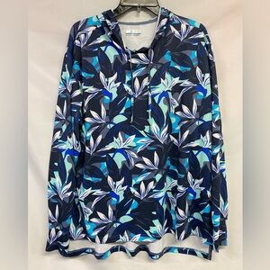 Columbia PFG Women's Navy Teal Tropical Leaf Pullover Hooded Long Sleeve Shirt L